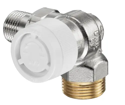 Thermostatventil von Oventrop, Winkeleck-Design, Anschluss für Rohrleitungen, metallische Oberfläche, geeignet für Heizungsanwendungen.